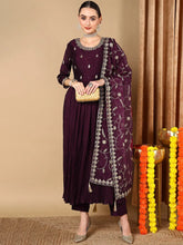 Women Magenta Silk Blend Solid Embroidered Kurta Trouser With Dupatta